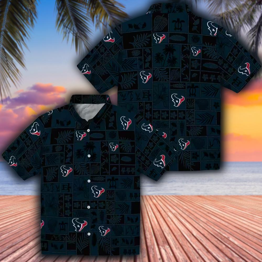 Houston Texans Hawaiian Shirt Tropical Patchwork Blue Black Design Houston Texans Hawaiian Shirt Tropical Patchwork Blue Black Design