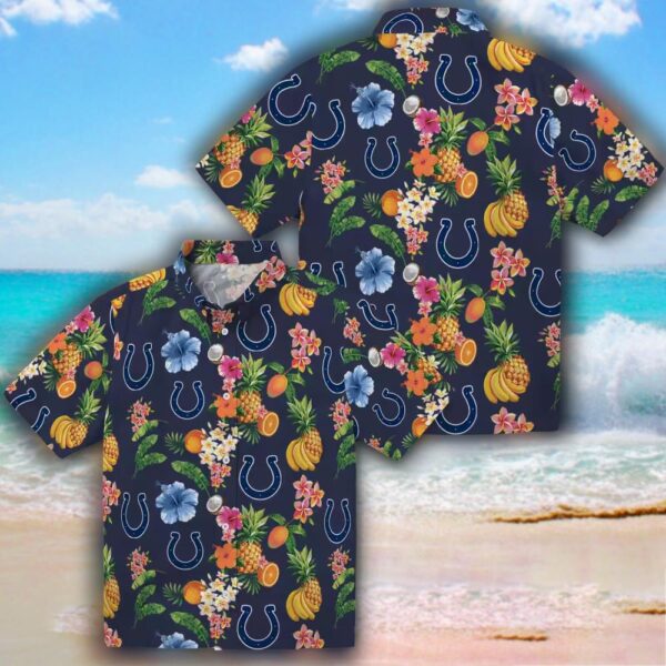 Indianapolis Colts Navy Blue Hawaiian Shirt with Hibiscus Fruit Design 3