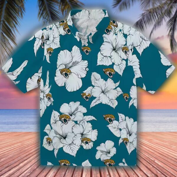 Jacksonville Jaguars Hawaiian Shirt Teal White Hibiscus Blooms Design 1