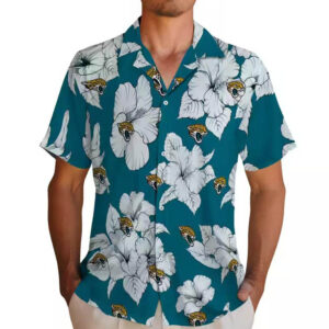 Jacksonville Jaguars Hawaiian Shirt Teal White Hibiscus Blooms Design 2