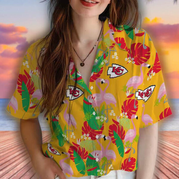 Kansas City Chiefs Hawaiian Shirt Red Green Flamingo Foliage Design 4