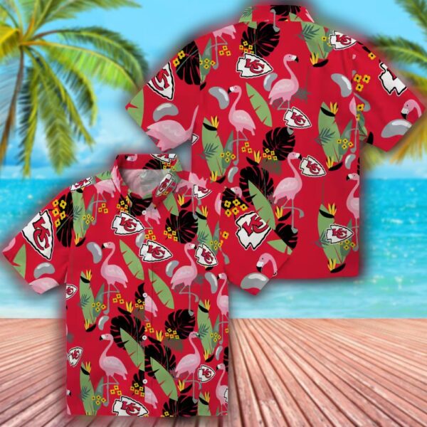 Kansas City Chiefs Hawaiian Shirt with Flamingo and Red Leaves Design 3
