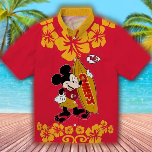 Kansas City Chiefs Red Hawaiian Shirt with Surfing Mickey Design 1