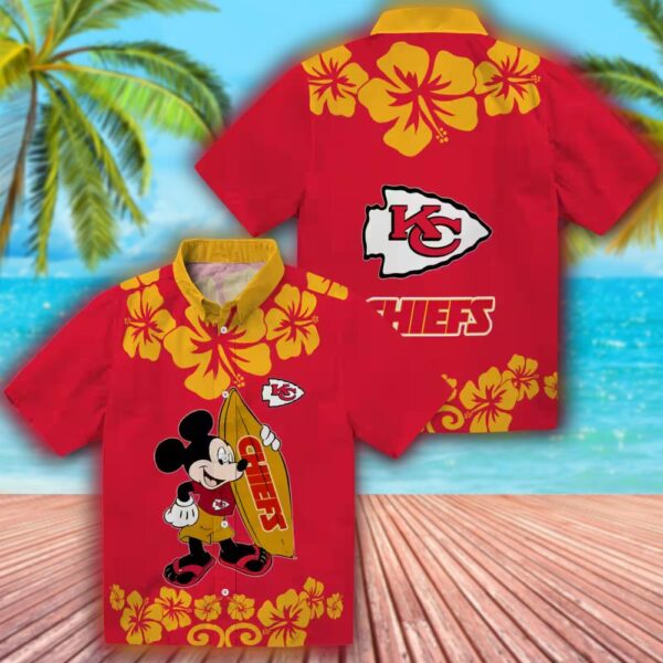 Kansas City Chiefs Red Hawaiian Shirt with Surfing Mickey Design 3