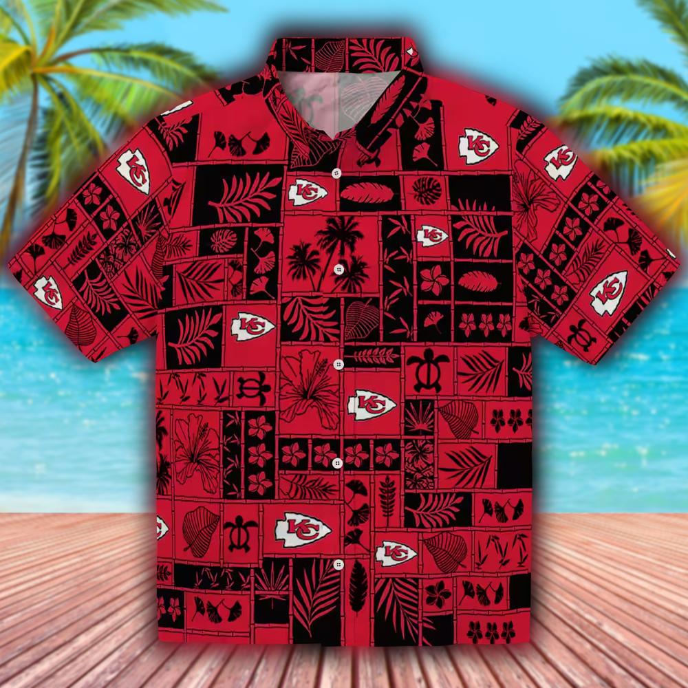 Kansas City Chiefs Tropical Hawaiian Shirt Red Black Patchwork Design Kansas City Chiefs Tropical Hawaiian Shirt Red Black Patchwork Design