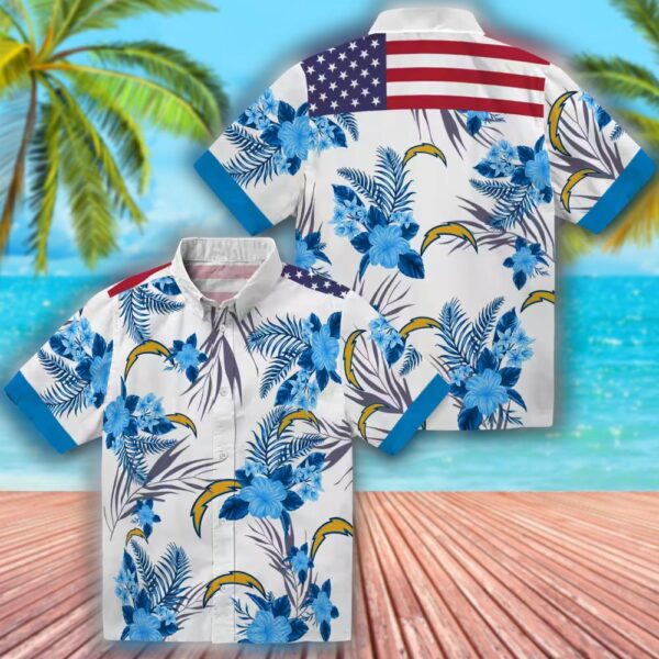 Los Angeles Chargers Blue White Patriotic Hawaiian Shirt Hibiscus Design 3