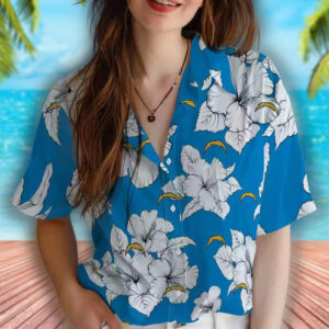 Los Angeles Chargers Hawaiian Shirt Blue White Hibiscus Design 4