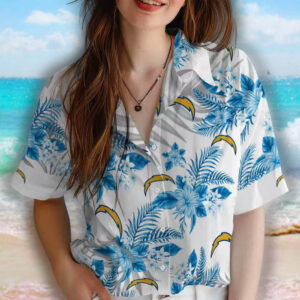 Los Angeles Chargers Hawaiian Shirt Blue White Hibiscus Palm Design 4