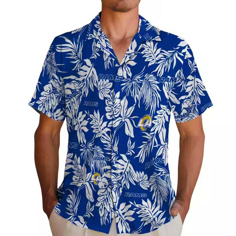 Los Angeles Rams Hawaiian Shirt Blue White Tropical Leaf Design Los Angeles Rams Hawaiian Shirt Blue White Tropical Leaf Design