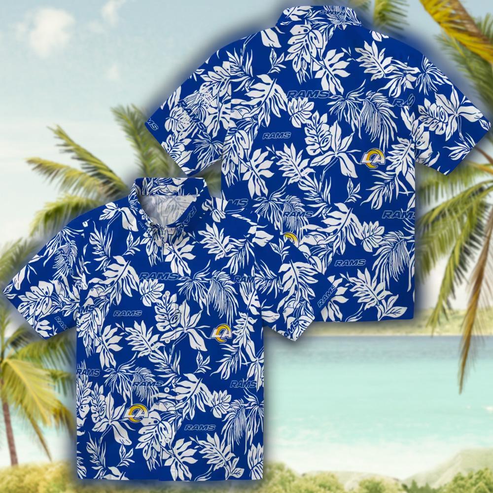 Los Angeles Rams Hawaiian Shirt Blue White Tropical Leaf Design Los Angeles Rams Hawaiian Shirt Blue White Tropical Leaf Design