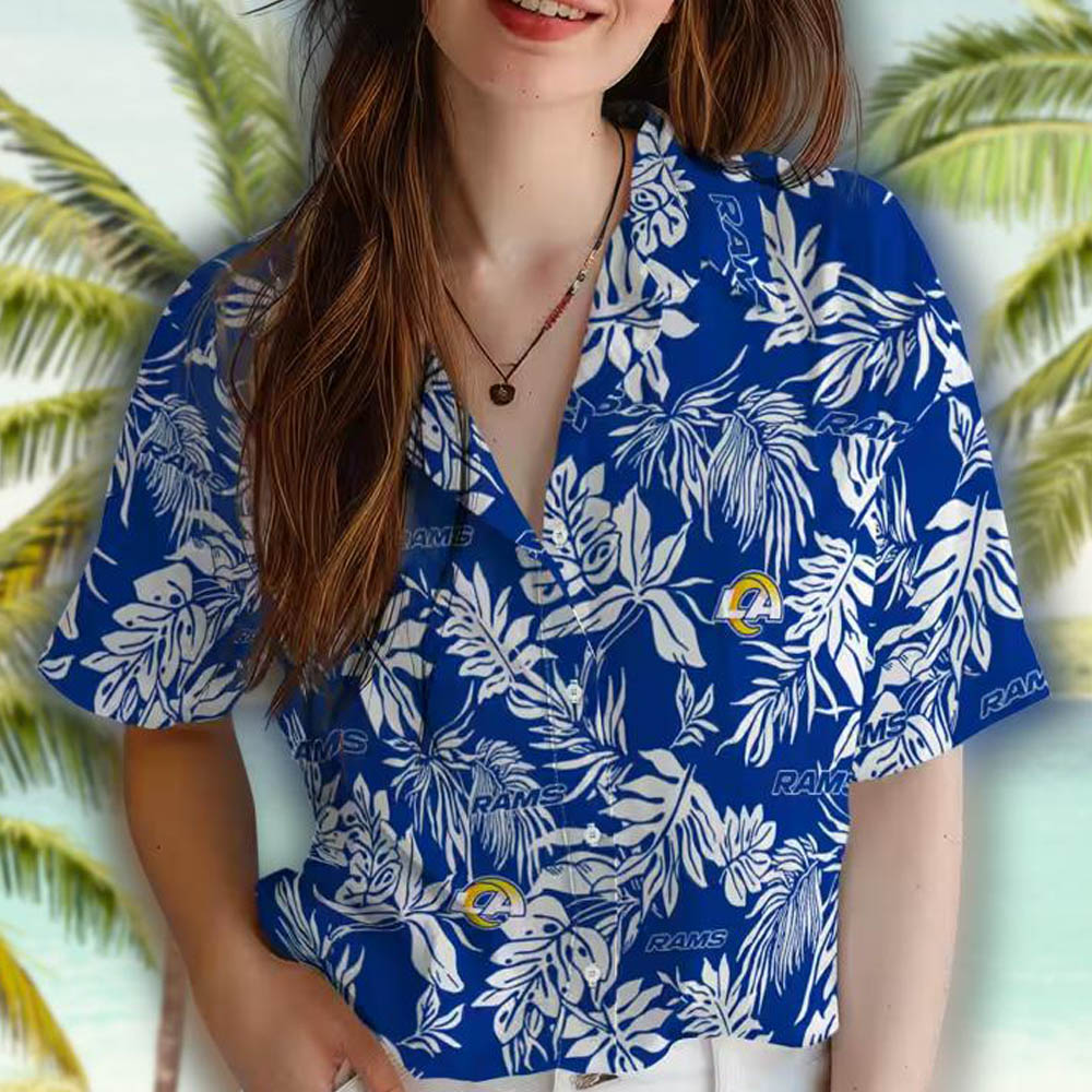 Los Angeles Rams Hawaiian Shirt Blue White Tropical Leaf Design Los Angeles Rams Hawaiian Shirt Blue White Tropical Leaf Design
