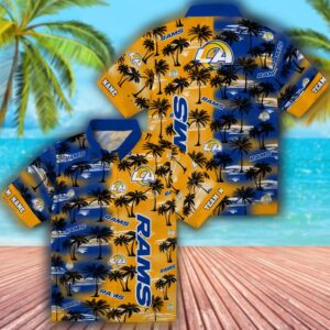Los Angeles Rams Hawaiian Shirt Palm Silhouettes Blue Custom Design 3