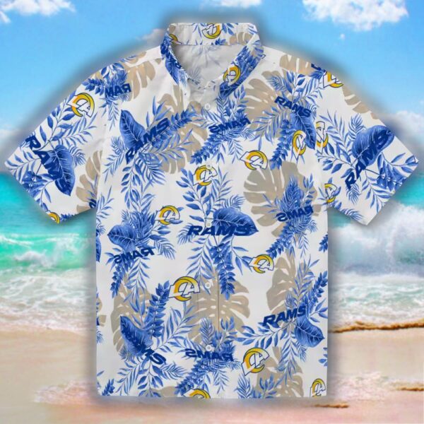 Los Angeles Rams Hawaiian Shirt Tropical Leaves Blue White Design 1