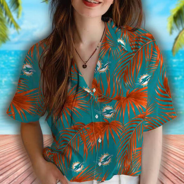 Miami Dolphins Aqua Hawaiian Shirt with Leafy Palms Design 4