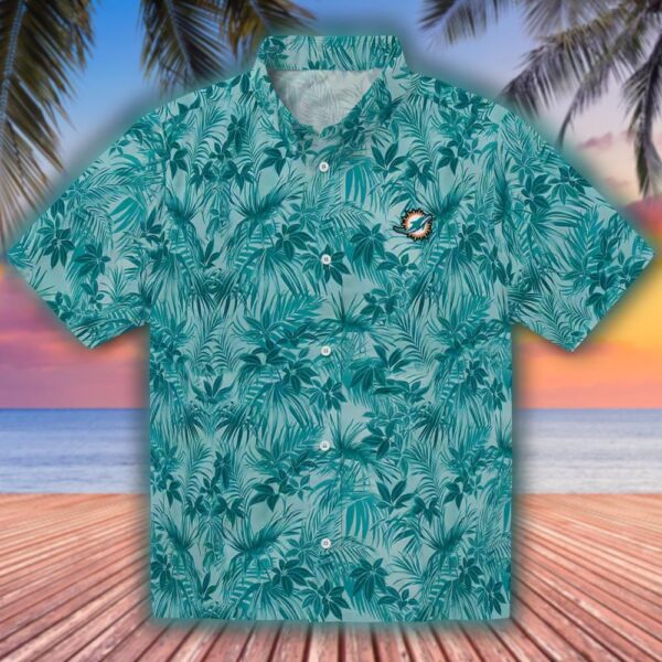 Miami Dolphins Aqua Hawaiian Shirt with Leafy Pattern 1