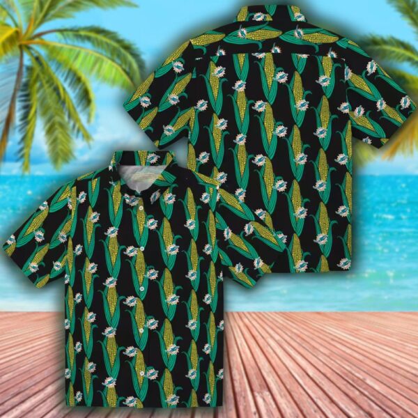 Miami Dolphins Black Green Hawaiian Shirt with Corn Motifs 3
