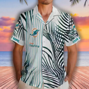 Miami Dolphins Hawaiian Shirt Aqua Black White Palm Stripes Design 2