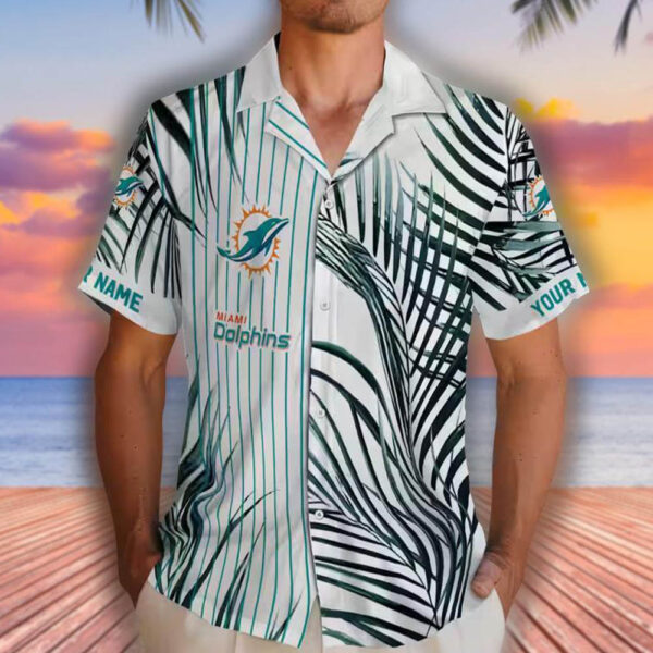 Miami Dolphins Hawaiian Shirt Aqua Black White Palm Stripes Design 2
