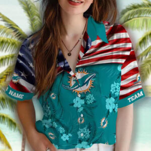 Miami Dolphins Hawaiian Shirt Aqua Hibiscus US Flag Design 4