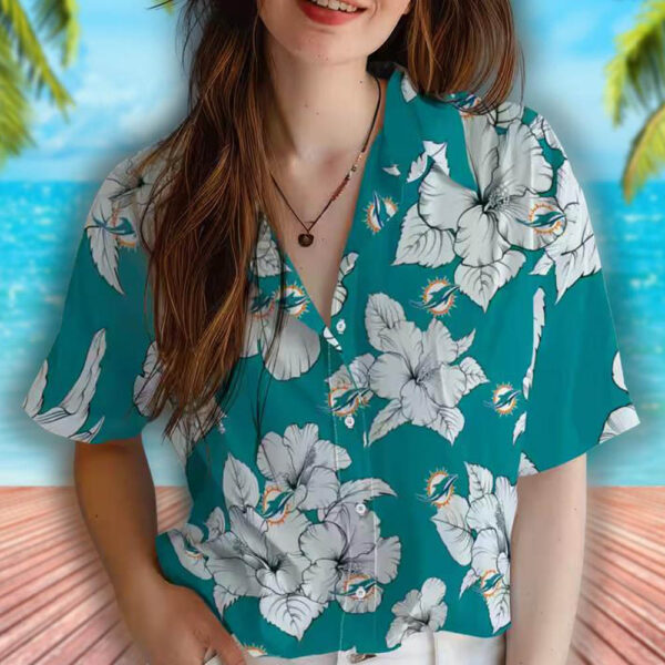 Miami Dolphins Hawaiian Shirt Aqua White Hibiscus Design 4