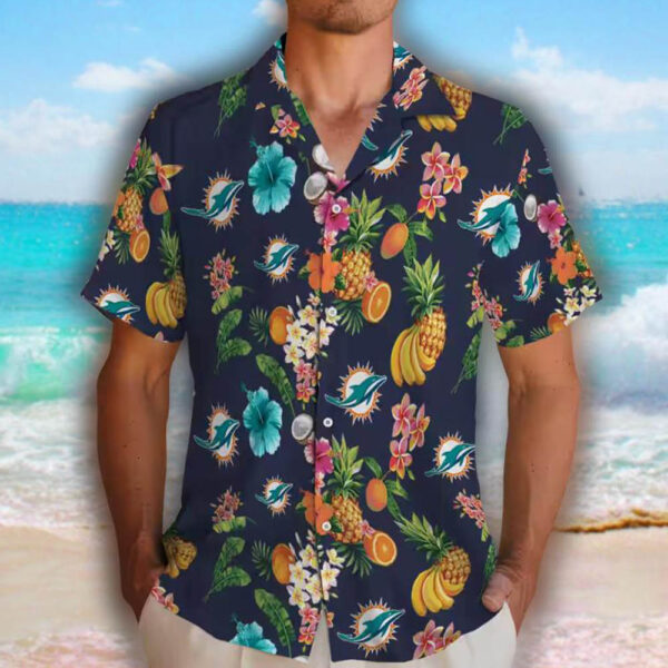 Miami Dolphins Hawaiian Shirt Navy Blue Hibiscus Fruit Design 2