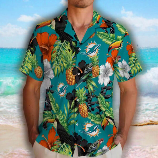 Miami Dolphins Hawaiian Shirt Toucan Hibiscus Pineapple Aqua Green 2
