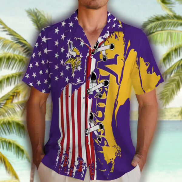 Minnesota Vikings Purple Hawaiian Shirt with Stitched Flag Design 2