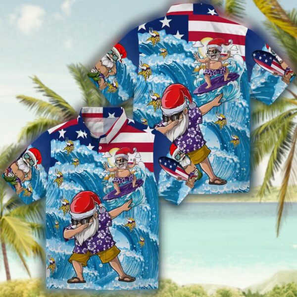 Minnesota Vikings Surfing Santa Hawaiian Shirt Blue Holiday Design 3