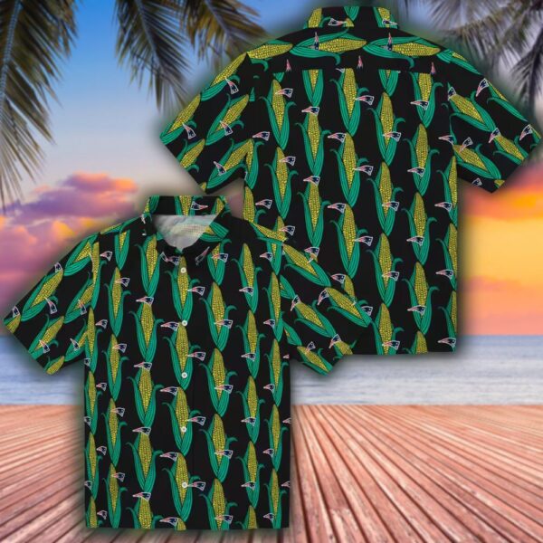 New England Patriots Black Green Hawaiian Shirt with Corn Motifs 3