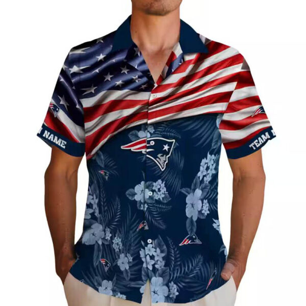 New England Patriots Hawaiian Shirt Custom Hibiscus Blue US Flag Design 2