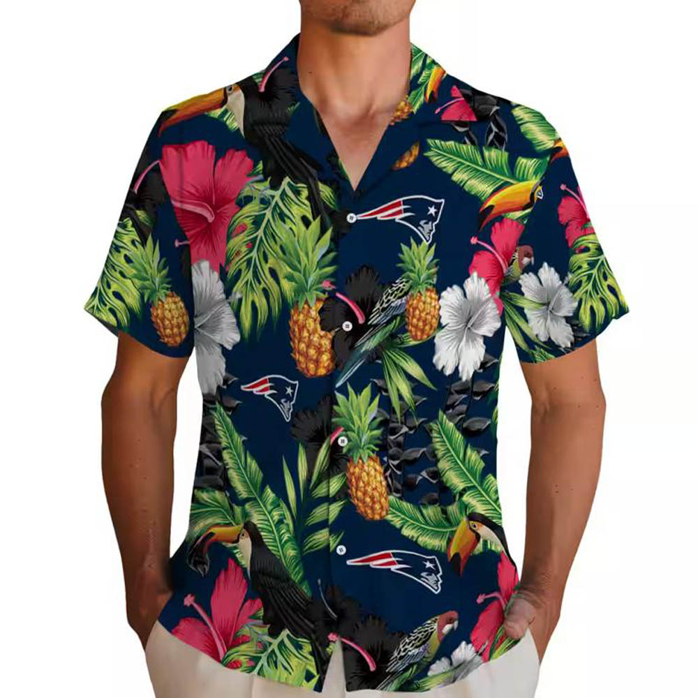 New England Patriots Hawaiian Shirt Toucan Hibiscus Pineapple Design New England Patriots Hawaiian Shirt Toucan Hibiscus Pineapple Design