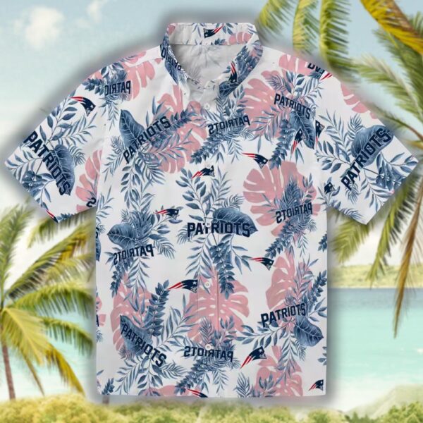 New England Patriots Hawaiian Shirt Tropical Leaves Blue White Design 1