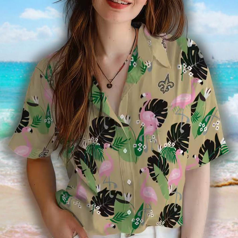 New Orleans Saints Gold Hawaiian Shirt Flamingo Leaf Design New Orleans Saints Gold Hawaiian Shirt Flamingo Leaf Design