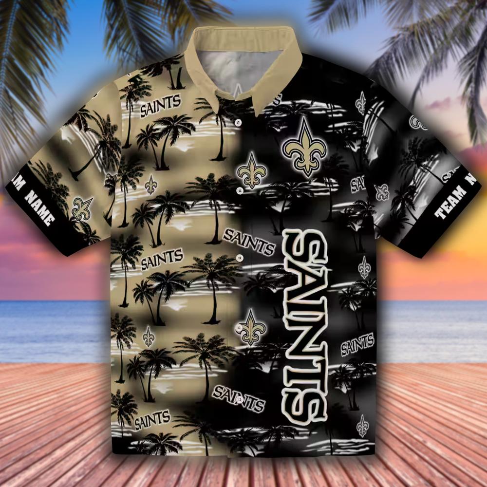 New Orleans Saints Gold Hawaiian Shirt Palm Silhouettes Design New Orleans Saints Gold Hawaiian Shirt Palm Silhouettes Design