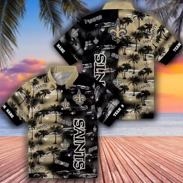 New Orleans Saints Gold Hawaiian Shirt Palm Silhouettes Design 3