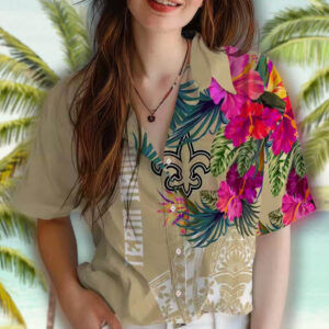 New Orleans Saints Hawaiian Shirt Floral Polynesian Gold Design 4
