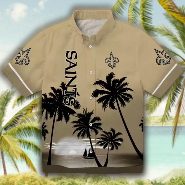 New Orleans Saints Hawaiian Shirt Gold Black Beach Sunset Design 1