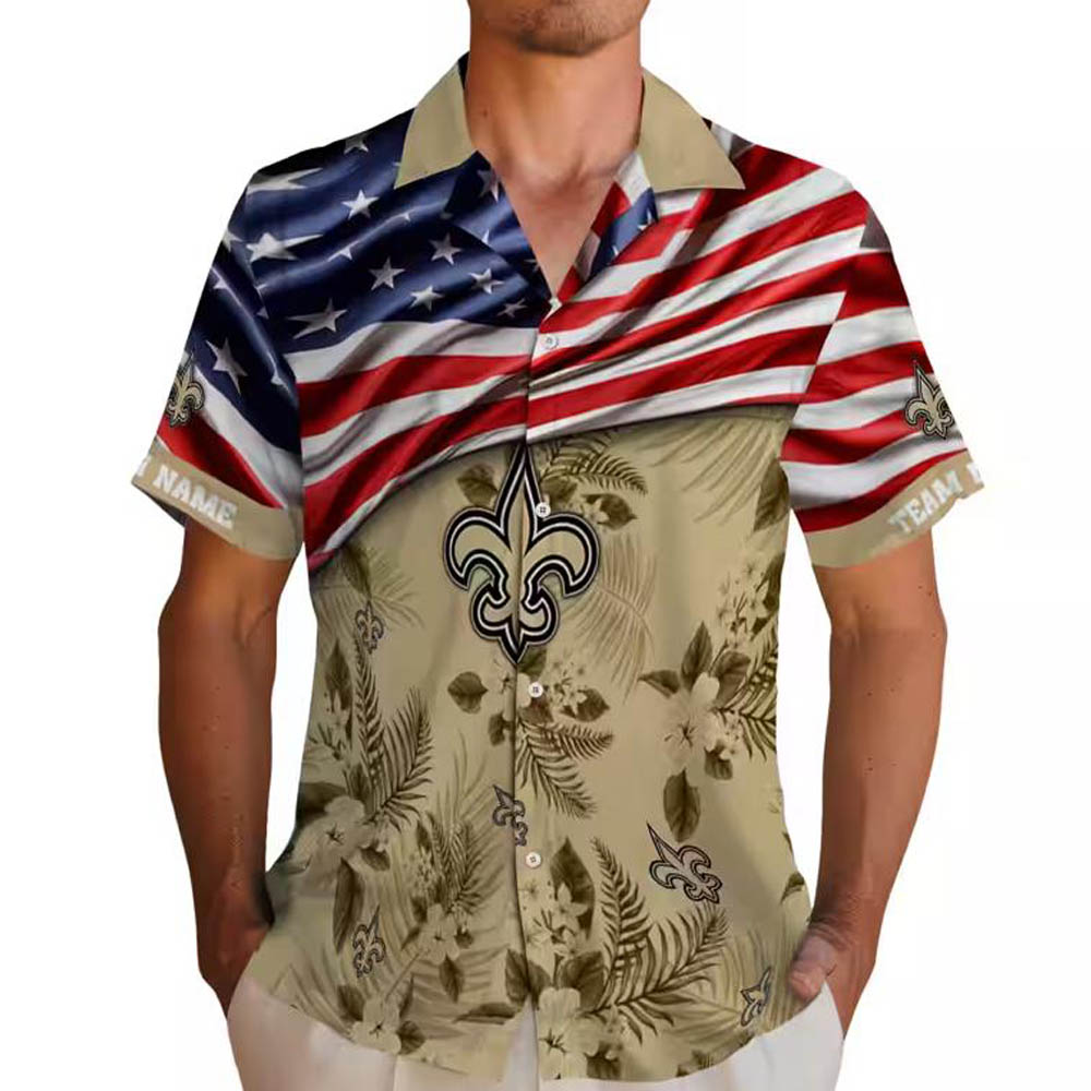 New Orleans Saints Hawaiian Shirt Gold Hibiscus US Flag Design New Orleans Saints Hawaiian Shirt Gold Hibiscus US Flag Design