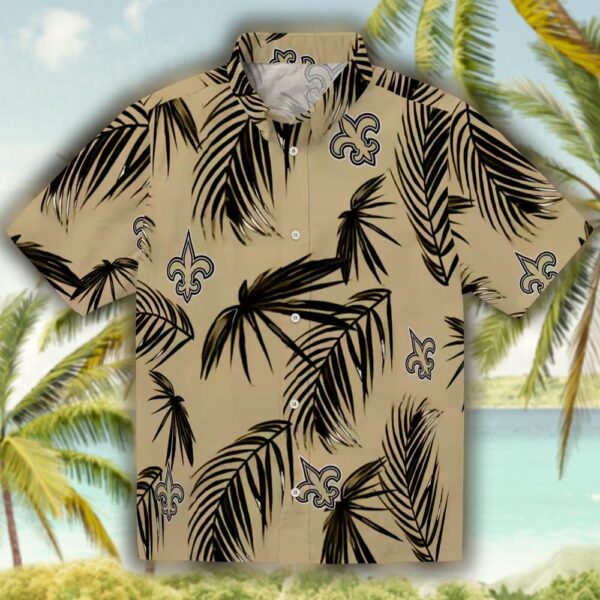 New Orleans Saints Hawaiian Shirt Gold Palm Leaf Design 1