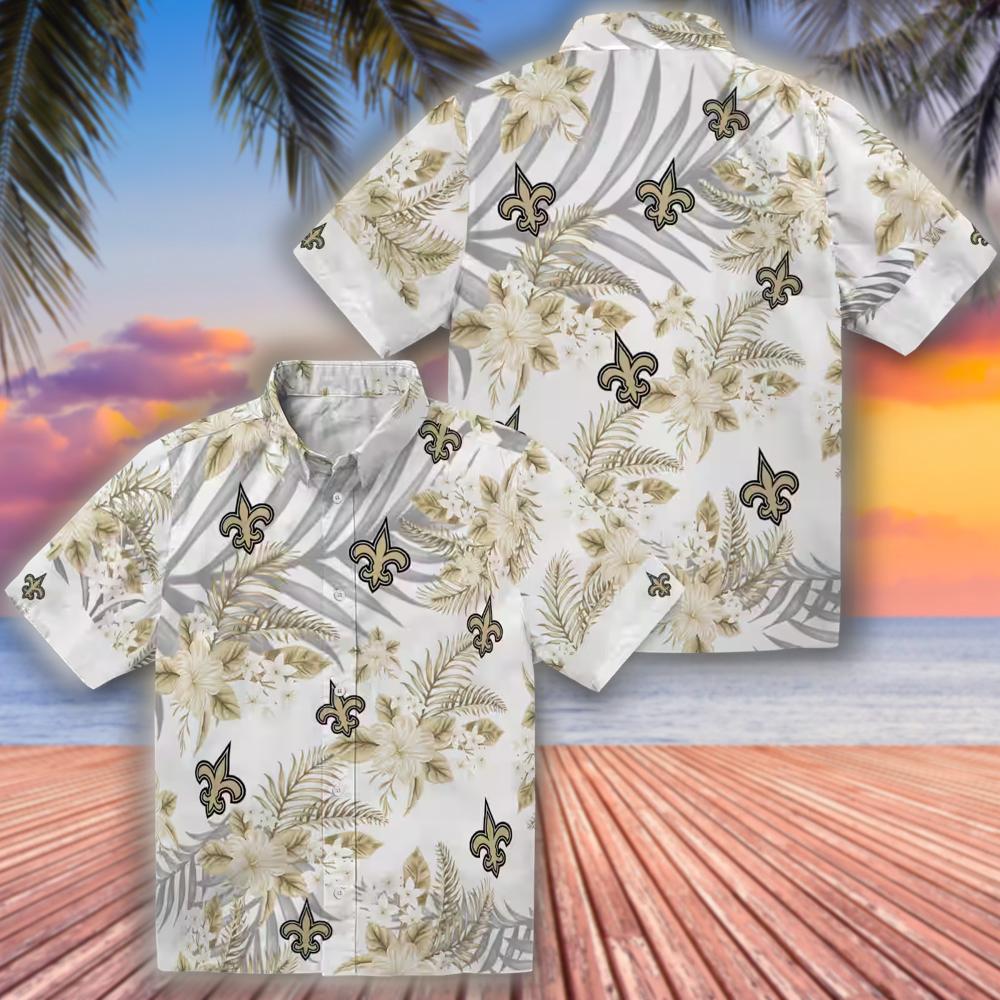 New Orleans Saints Hawaiian Shirt Hibiscus Palm Gold White New Orleans Saints Hawaiian Shirt Hibiscus Palm Gold White