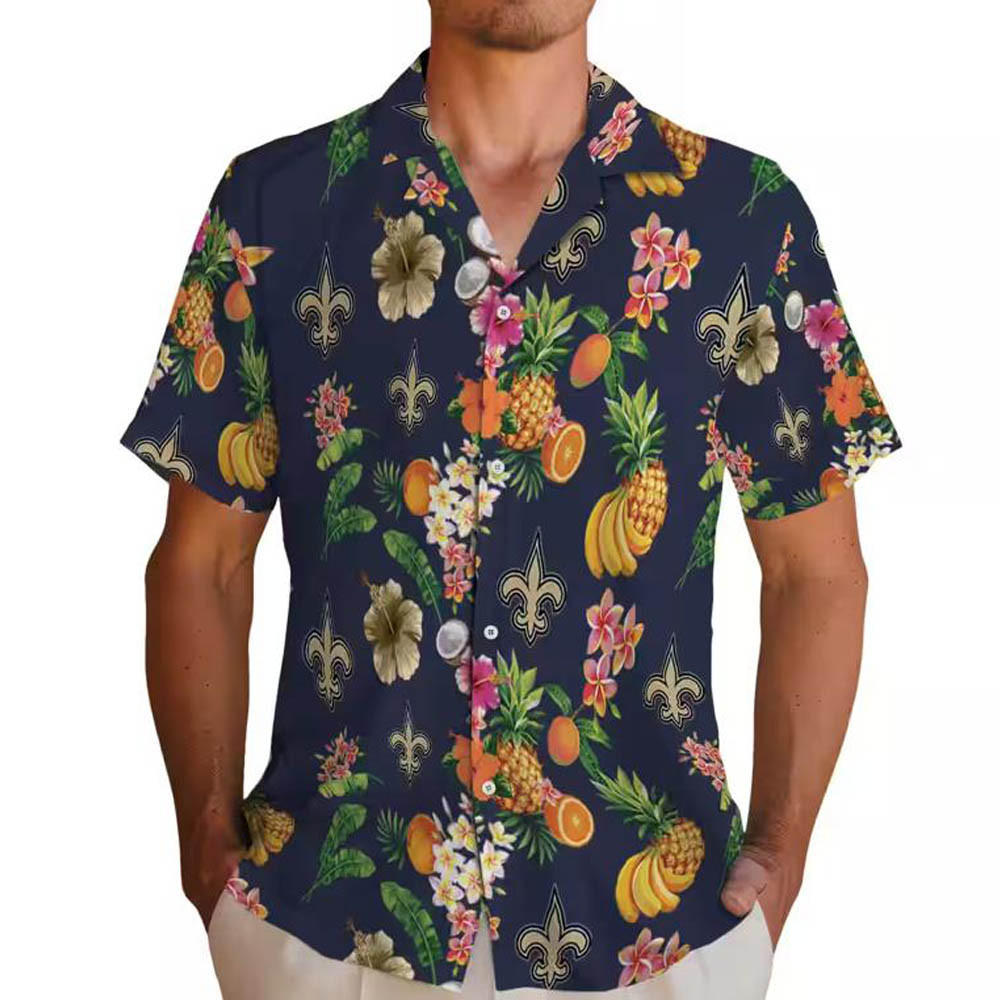 New Orleans Saints Hawaiian Shirt Navy Blue Hibiscus Fruit Design New Orleans Saints Hawaiian Shirt Navy Blue Hibiscus Fruit Design