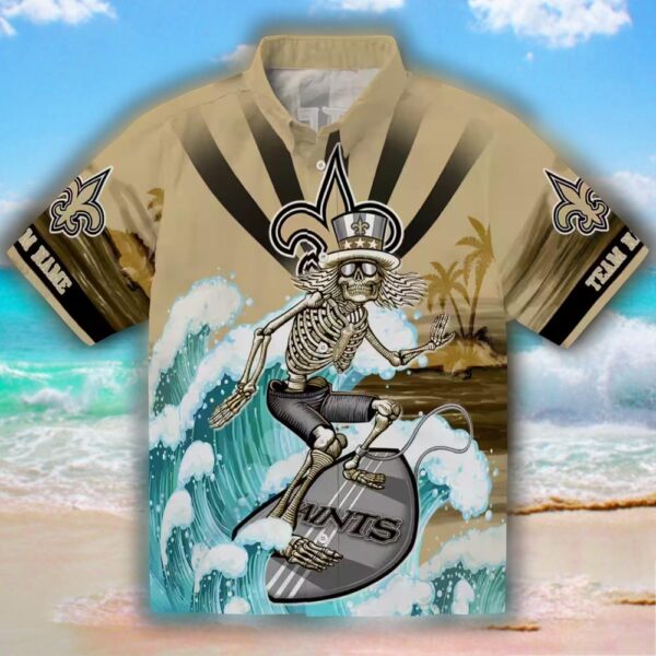 New Orleans Saints Hawaiian Shirt Surfing Skeleton Design Gold Blue 1