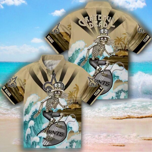 New Orleans Saints Hawaiian Shirt Surfing Skeleton Design Gold Blue 3