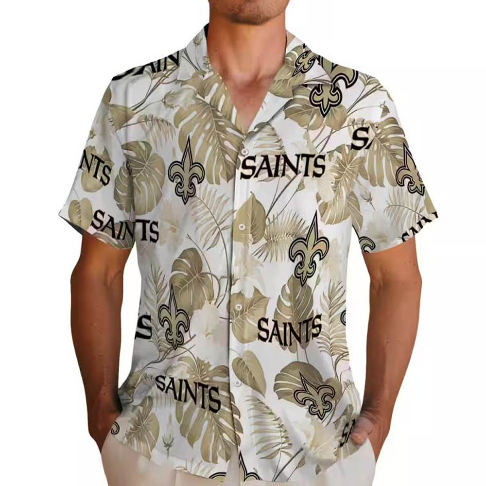New Orleans Saints Hawaiian Shirt Tropical Plants Gold White Design New Orleans Saints Hawaiian Shirt Tropical Plants Gold White Design