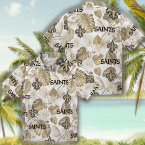 New Orleans Saints Hawaiian Shirt Tropical Plants Gold White Design 3