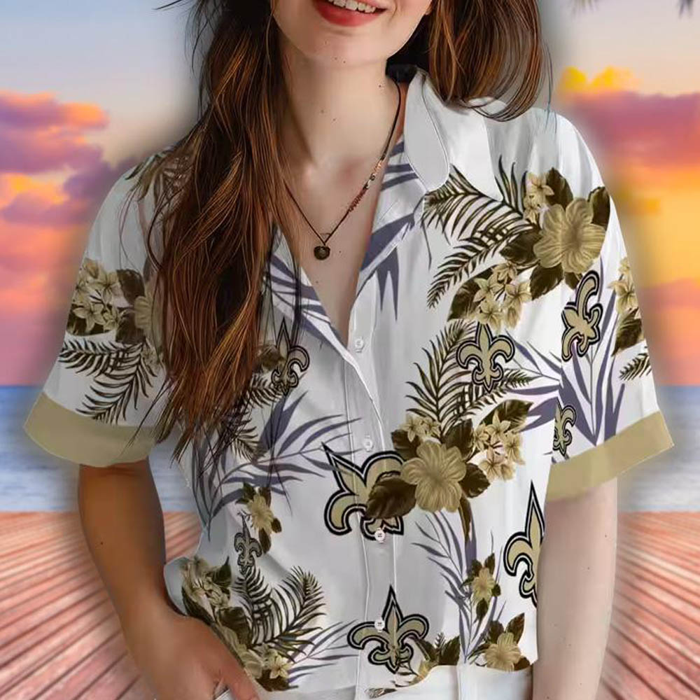New Orleans Saints Patriotic Hibiscus Hawaiian Shirt Gold White New Orleans Saints Patriotic Hibiscus Hawaiian Shirt Gold White