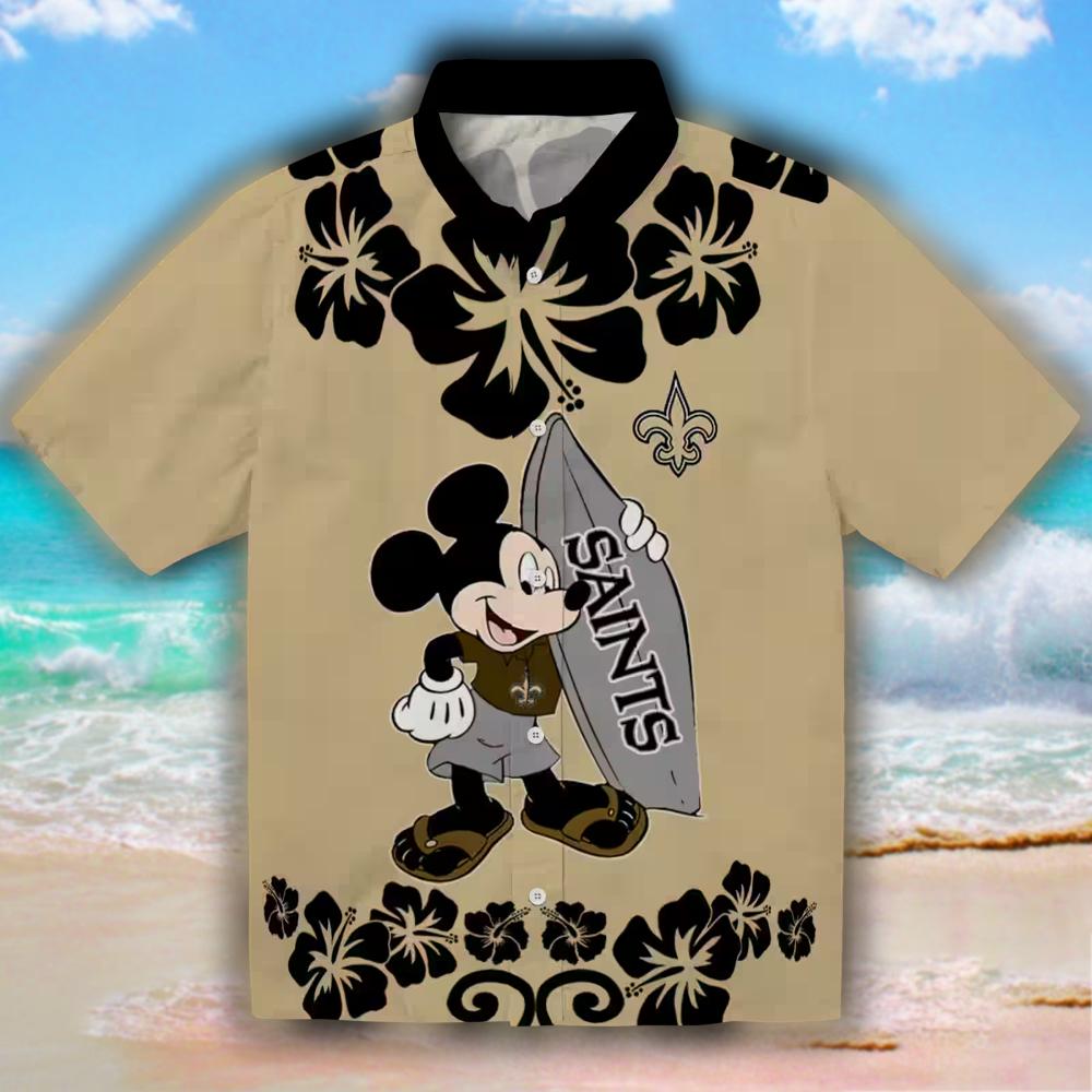 New Orleans Saints Surf Mickey Gold Hawaiian Shirt for Fans New Orleans Saints Surf Mickey Gold Hawaiian Shirt for Fans