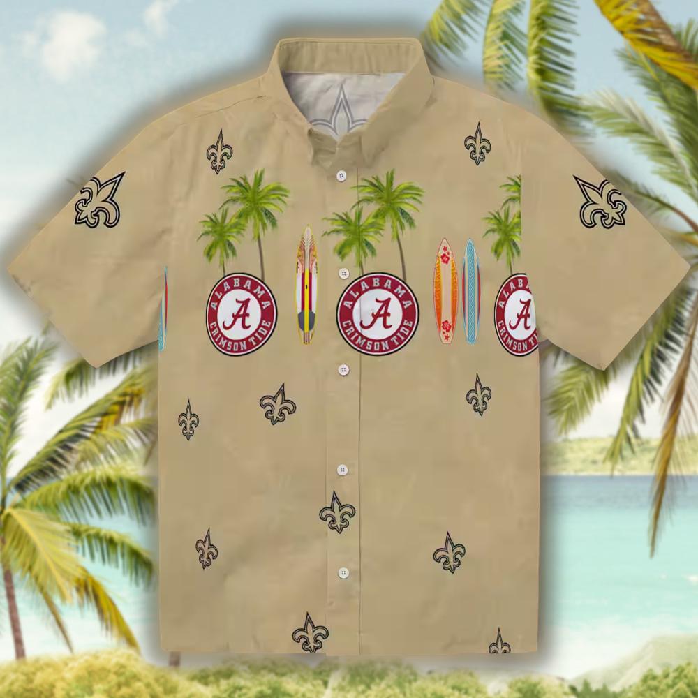 New Orleans Saints Surfboard Hawaiian Shirt Palm Gold Design New Orleans Saints Surfboard Hawaiian Shirt Palm Gold Design