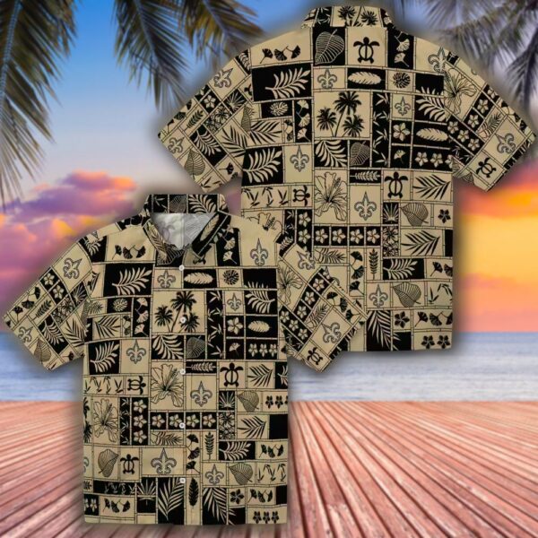 New Orleans Saints Tropical Hawaiian Shirt Gold Black Patchwork Design 3