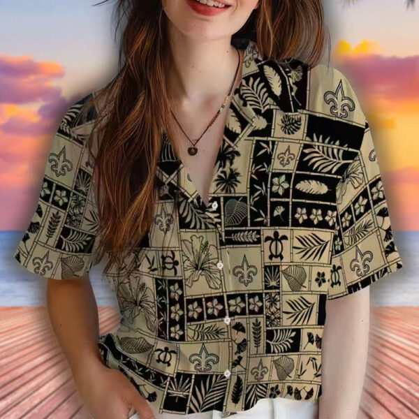New Orleans Saints Tropical Hawaiian Shirt Gold Black Patchwork Design 4